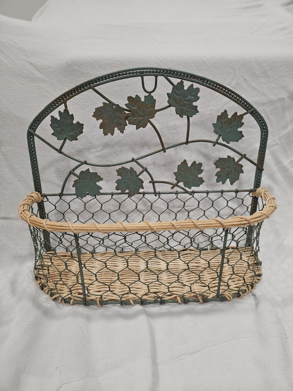 Vintage 90s Metal & Wicker Ivy Wall Basket Pocket Planter Rustic Cottagecore
